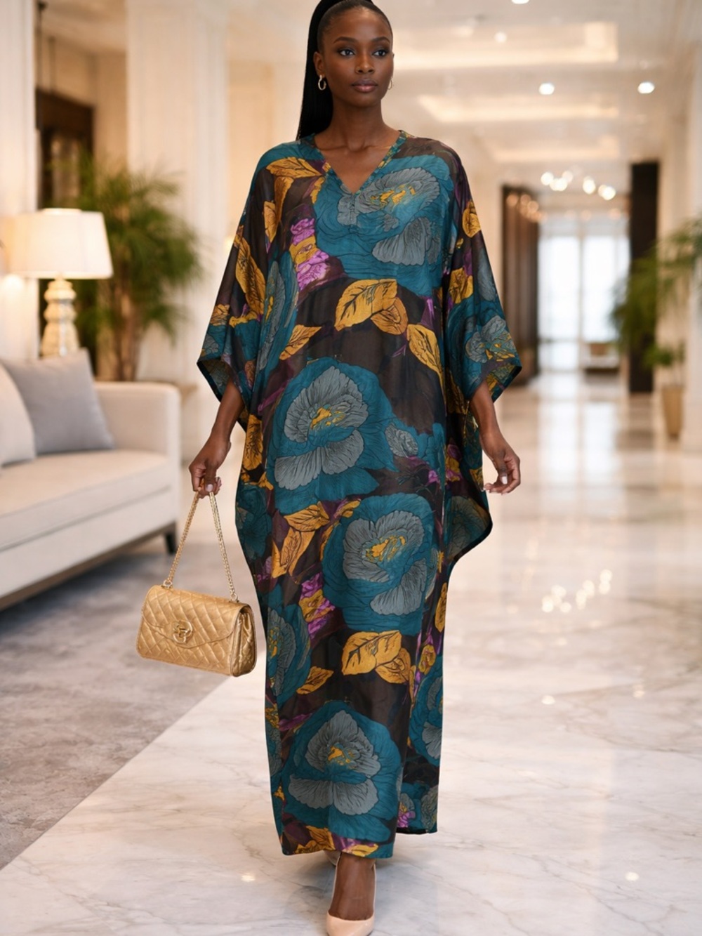 Floral Maxi Dress in Teal and Gold - Women Dresses
